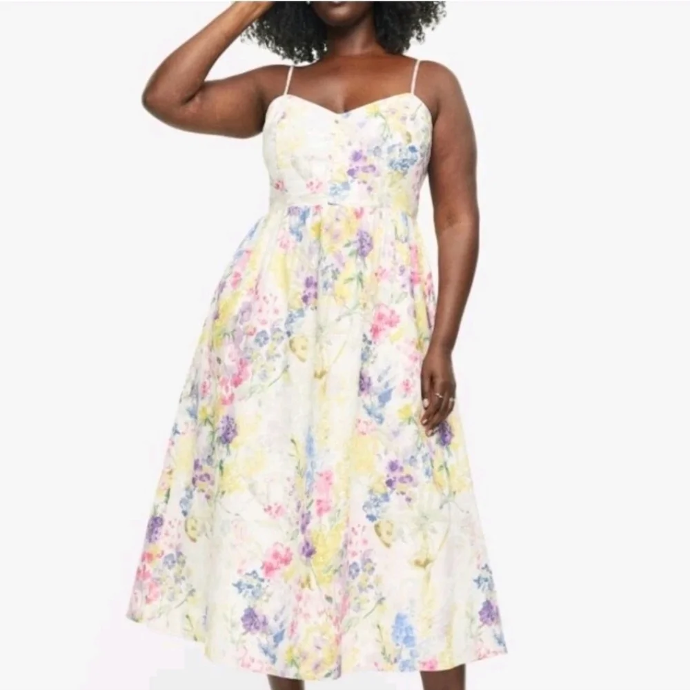 H&M Linen & Cotton Blend Floral Midi Dress Garden Tea Party Feminine Pastel XL - Picture 1 of 14